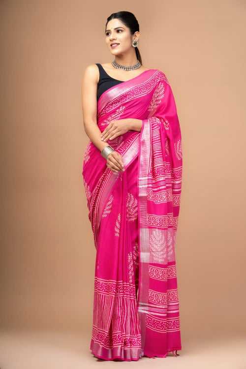 603007 Pure Linen Cotton Handblocked Printed Saree