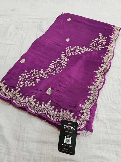 Designer Zari Embroidery Pure Dola Silk Saree With Beautiful Cutwork - Purple