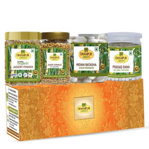 Dhampur Green Batasha, Prasad Dana,Jaggery Sprinkles & Organic Jaggery Powder Jar Combo-900gm
