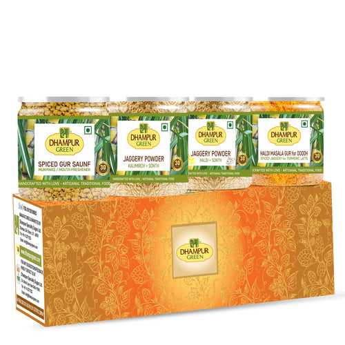Dhampur Green Spice-Infused Jaggery Treasures Combo: Spiced Gur Saunf, Haldi-Sonth Powder, Kalimirch-Sonth Powder, Haldi Masala Gur - 1.15kg