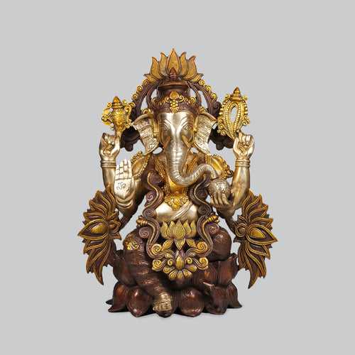 Brass Ganesh Sitting in Lotus with 3 Tone Finish 21 in