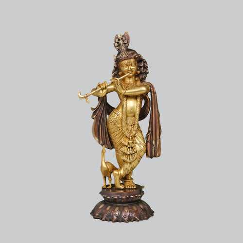 Brass Krishna with Peacock Standing on Lotus Base in 2 Tone Finish 26.5 in