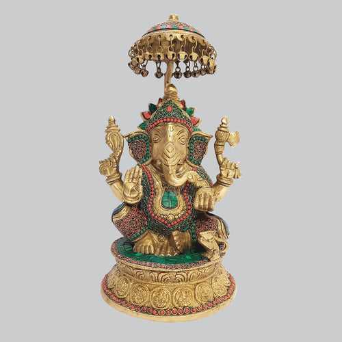 Brass Ganesh with Umbrella Round Base and Ring Stonework 16 in