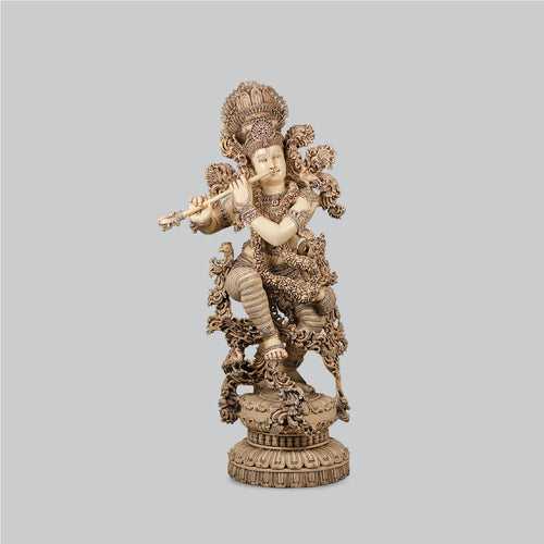 Marble Dust Krishna with Wood Base and Emboss Design 54 in