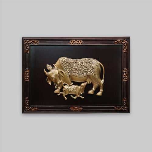 Brass Wall Hanging Cow & Calf in Wood Frame 24 in