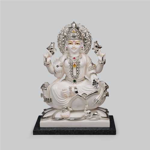 Culture Marble Laxmi Sitting on Lotus with Silver Plating 15.5 in