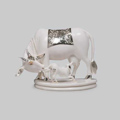 Culture Marble Cow & Calf with Silver Plating 11 in