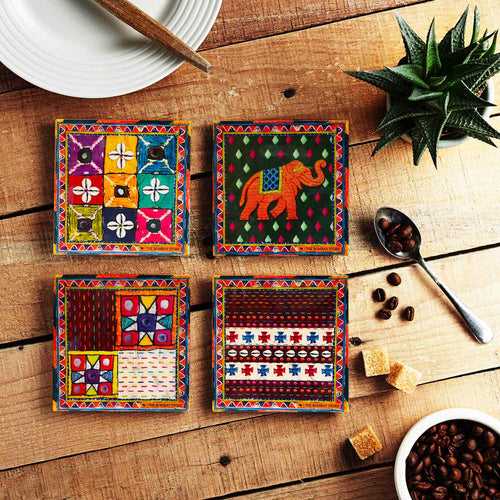 Sui Dhaaga Square Coasters with Holder (Set of 4)