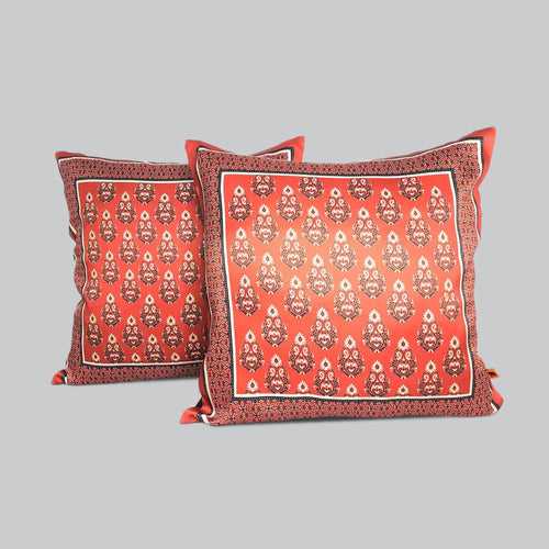 Ajrakh Maroon Satin Cushion Cover - 16 in x 16 in - Set of 2