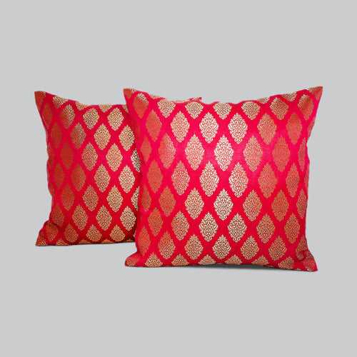 Zari Brocade Cushion Cover - Set of 2 (Assorted Colour & Design) 12 x 12 in