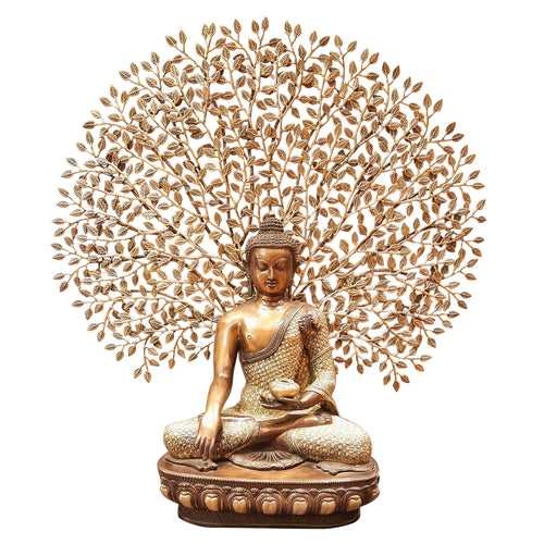 Brass Buddha Tree With Wood Base 36 x 14 x 45 In