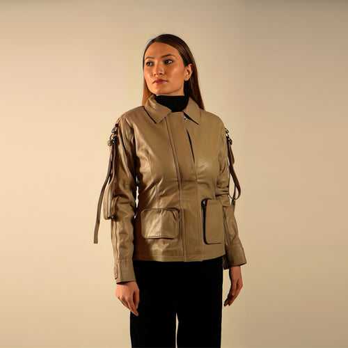 90 Feet Asha Loop Beige Leather Blazer Jacket for Women