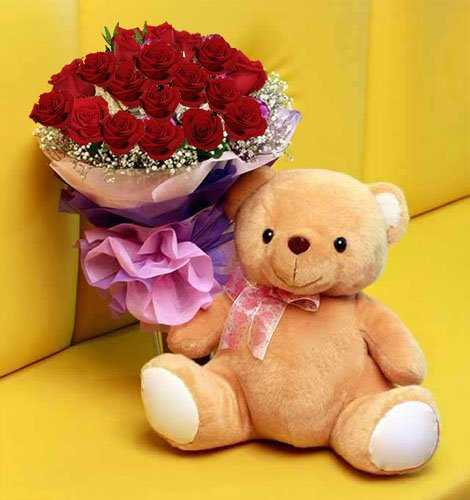 Roses with Huggable Teddy