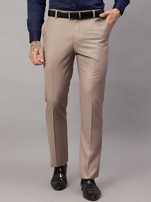 Cantabil Men's Beige Non Pleated Solid Formal Trouser