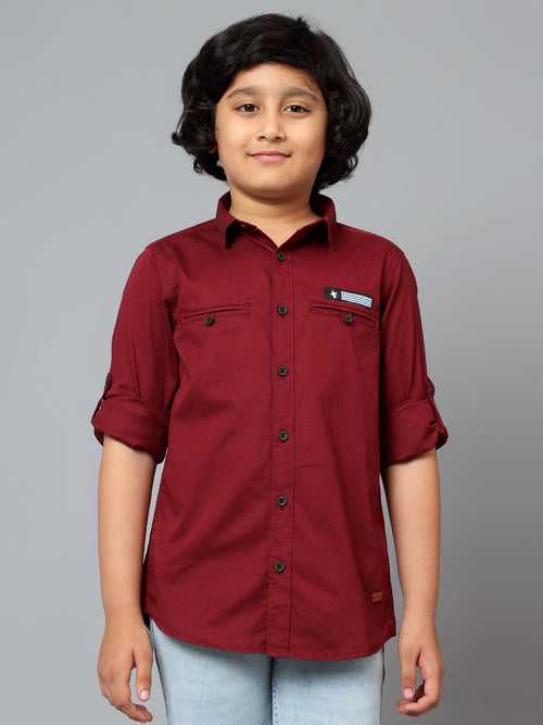 Canatbil Boy's Wine Solid Spread Collar Full Sleeve Shirt