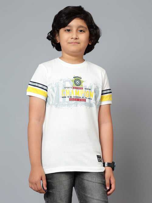 Cantabil Boy's Off White Printed Round Neck Half Sleeve T-shirt