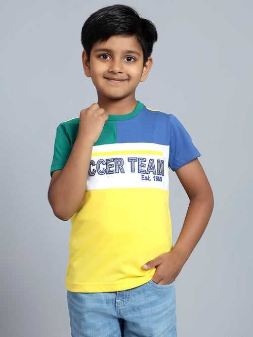 Cantabil Boy's Yellow Color Block Round Neck T-shirt