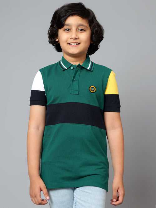 Cantabil Boy's Green Color Block Polo Neck Half Sleeve T-shirt