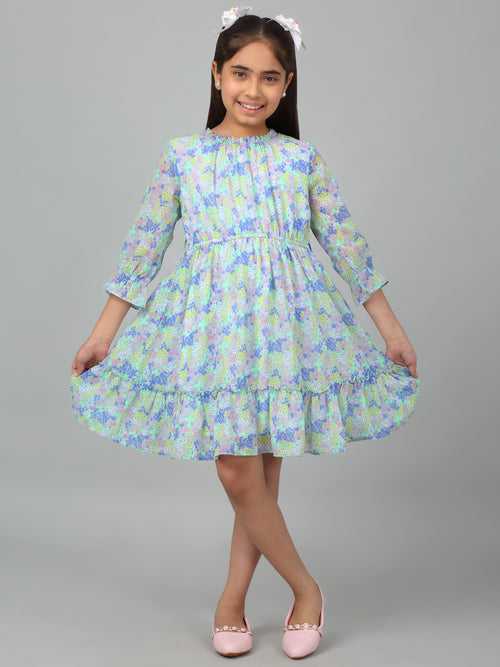 Cantabil Girls Blue 3/4th Sleeves Floral Print Dress