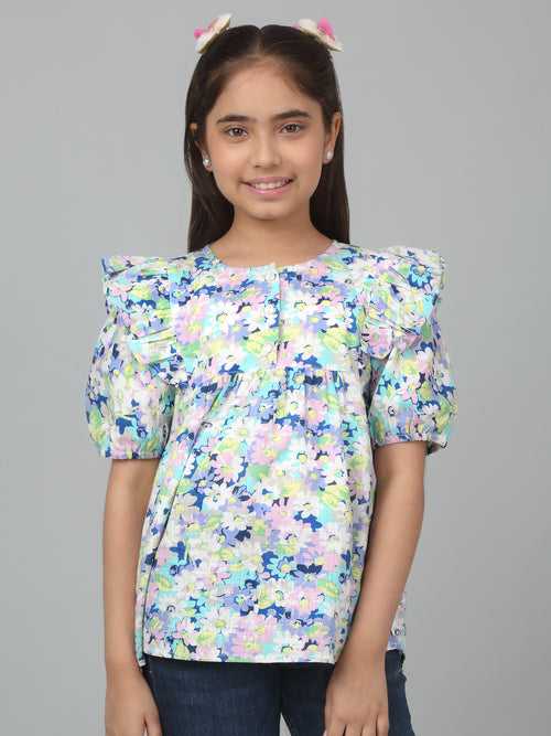 Cantabil Girl's Multicolor Floral Printed Half Sleeve Casual Top