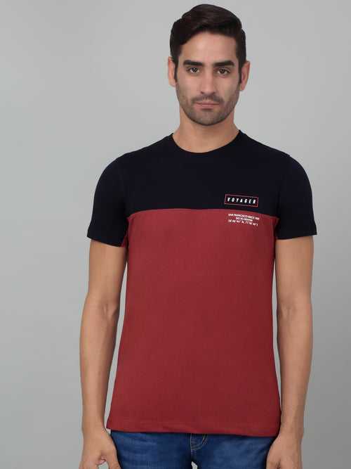 Cantabil Men's Maroon Color Block Round Neck Half Sleeve T-shirt
