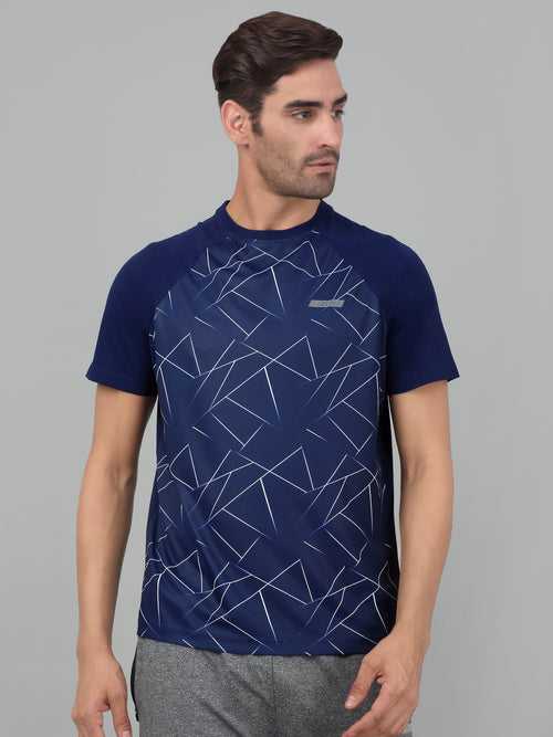 Cantabil Men's Navy Blue Printed Half Sleeve Stretchable Activewear T-shirt