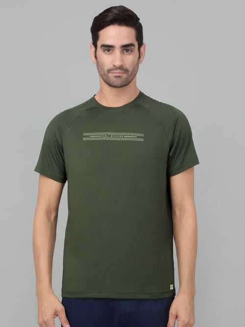 Cantabil Men's Olive Green Printed Half Sleeve Stretchable Activewear T-shirt