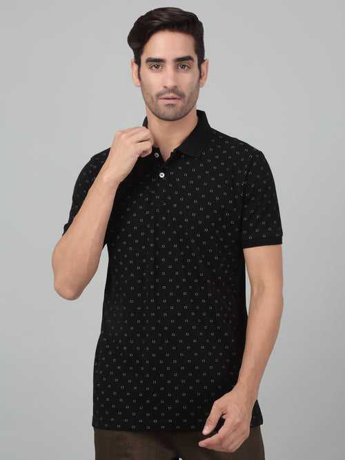 Cantabil Men's Black Printed Polo Neck Half Sleeve T-shirt