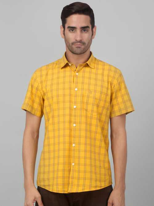 Cantabil Men's Mustard Checkered Half Sleeves Casual Shirt