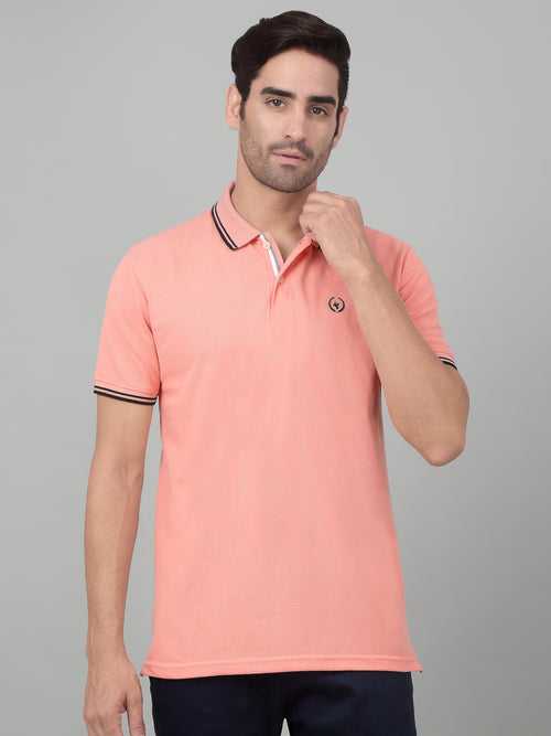 Cantabil Men's Peach Solid Polo Neck Half Sleeve T-shirt