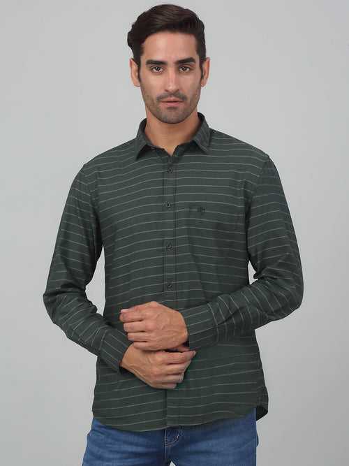 Cantabil Men's Olive Green Striped Full Sleeves Casual Shirt
