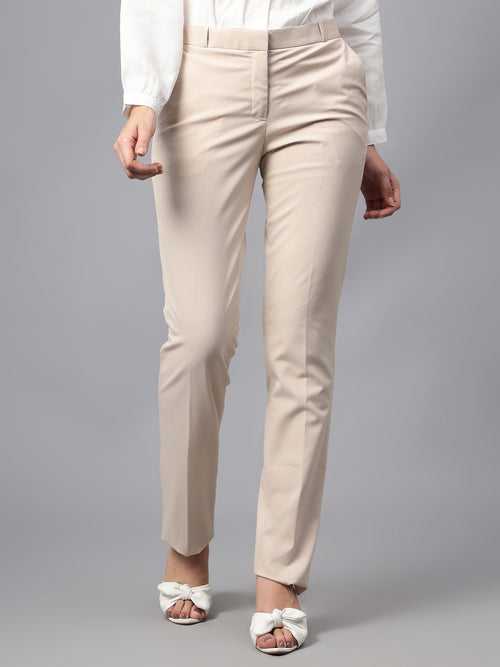 Cantabil Women's Beige Solid Non-Pleated Formal Trouser