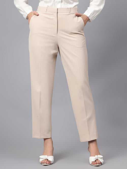 Cantabil Women's Beige Solid Non-Pleated Formal Trouser