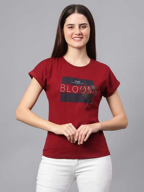Cantabil Women's Maroon Printed Round Neck T-shirt