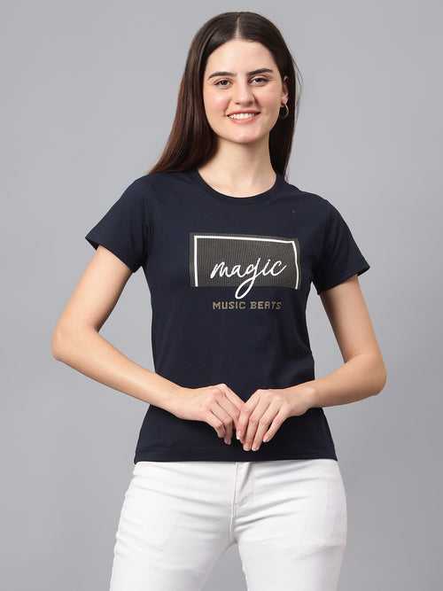 Cantabil Women's Navy Blue Printed Round Neck T-shirt