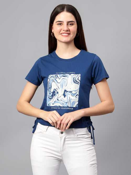 Cantabil Women's Blue Printed Round Neck T-shirt