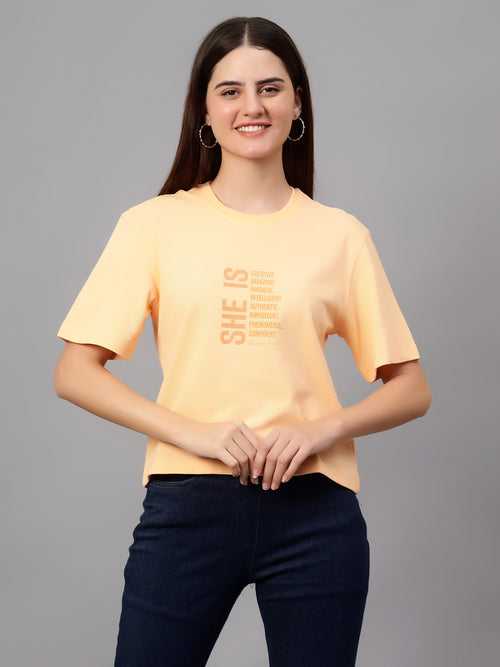 Cantabil Women's Peach Printed Round Neck T-shirt