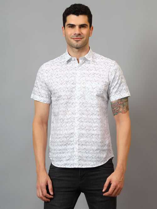 Cantabil Men's White Printed Half Sleeves Casual Shirt