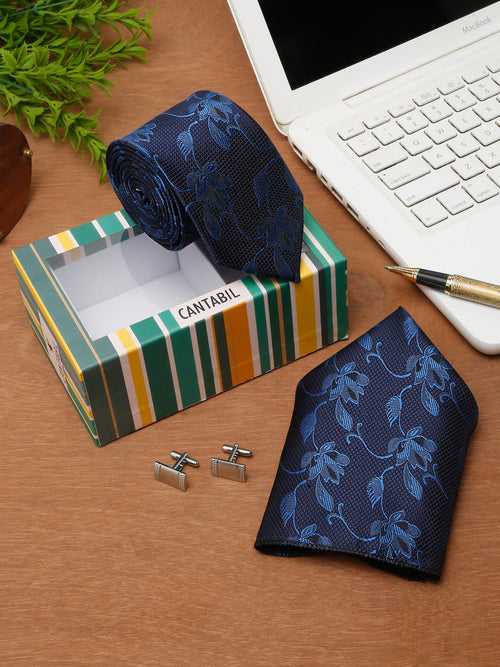 Cantabil Men Navy Blue Printed Tie with Pocket Square and Cufflinks