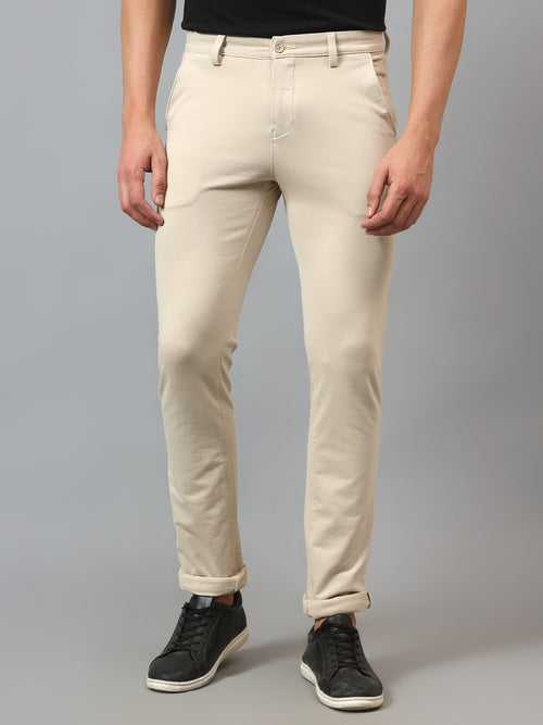 Cantabil Men's Beige Soild Non-Pleated Stretchable Casual Trouser