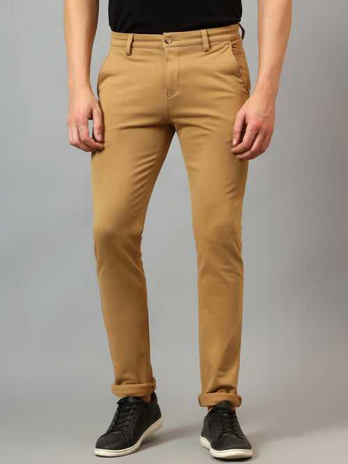 Cantabil Men's Khaki Soild Non-Pleated Stretchable Casual Trouser