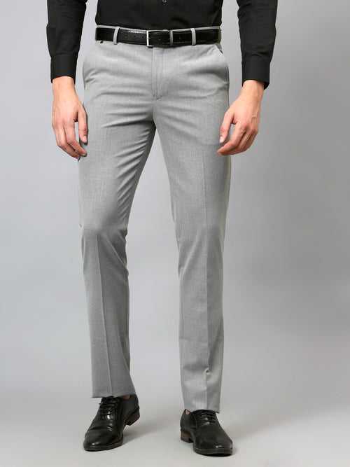 Cantabil Men's Grey Soild Non-Pleated Stretchable Formal Trouser