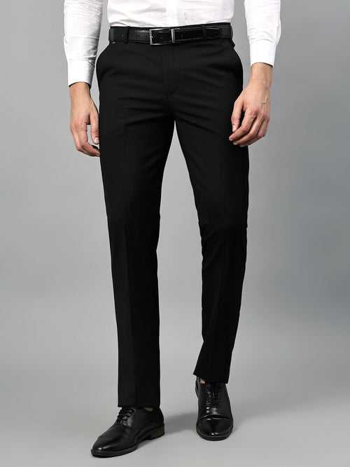 Cantabil Men's Black Soild Non-Pleated Stretchable Formal Trouser