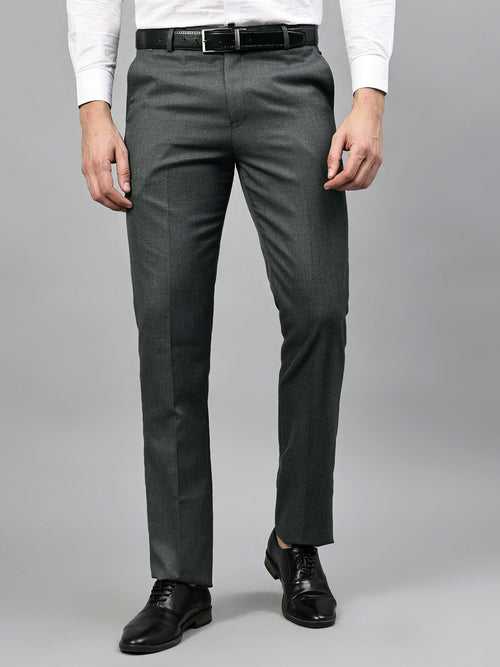Cantabil Men's Charcoal Grey Self Design Non-Pleated Formal Trouser