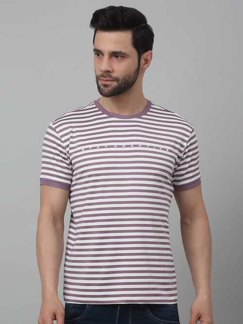 Cantabil White Striped Round Neck Half Sleeve T-shirt For Men