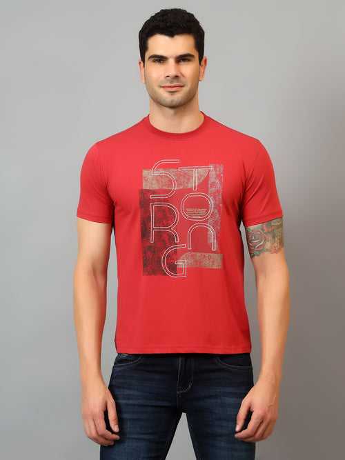 Cantabil Men's Red Printed Round Neck Half Sleeve T-shirt