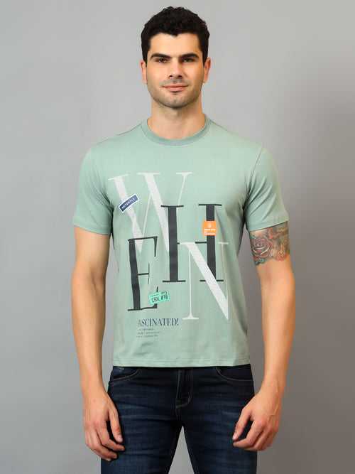 Cantabil Men's Light Green Printed Round Neck Half Sleeve T-shirt