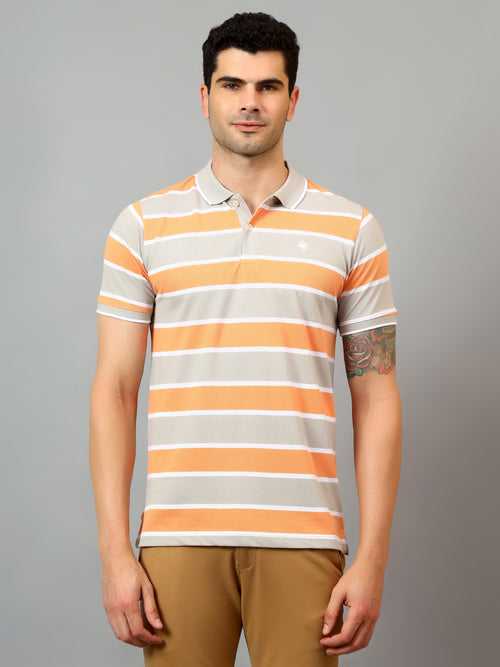 Cantabil Men's Peach Striped Polo Neck Half Sleeve T-shirt
