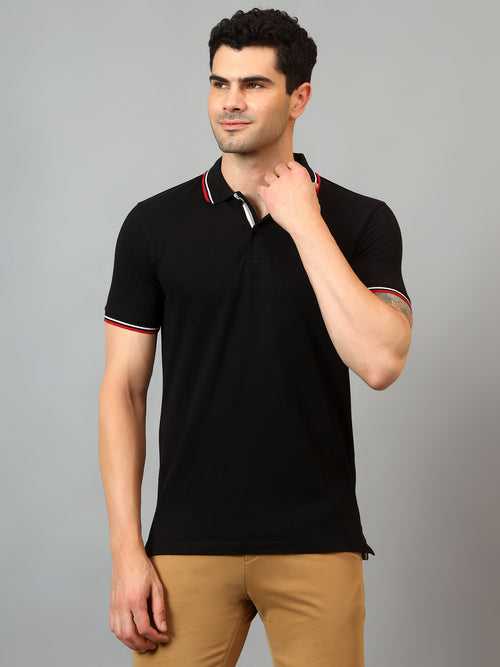 Cantabil Men's Black  Solid Polo Neck Half Sleeve T-shirt