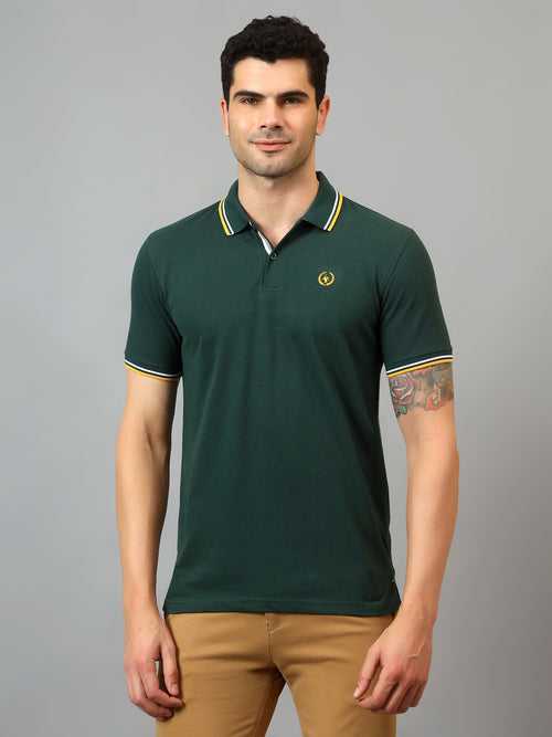Cantabil Men's Dark Green Solid Polo Neck Half Sleeve T-shirt